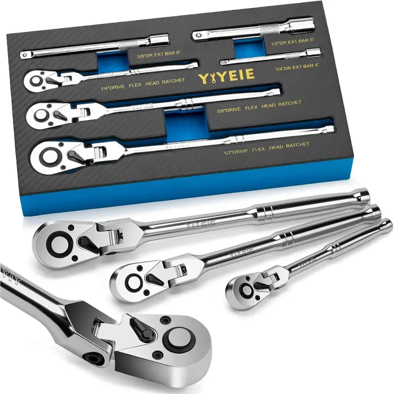 6-Piece Flex Head Ratchet Set, 1/4, 3/8, 1/2 Drive, Swivel Head Ratchet Wrench with Extension Bar, 72 Tooth, 180° Adju...