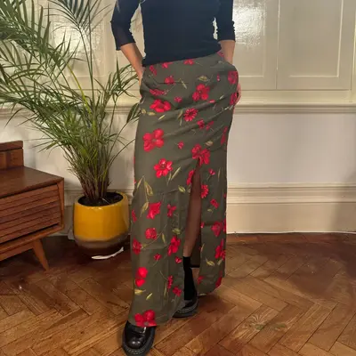 Motivi Floral Maxi Skirt - 28W UK 8 Khaki Viscose
