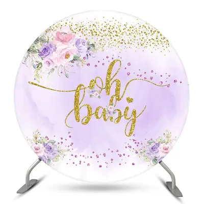 Aperturee Oh Purple Floral Glitter Baby Shower Round Backdrop | Custom Round Backdrop | Baby Shower Arch Backdrop | Round Bac...