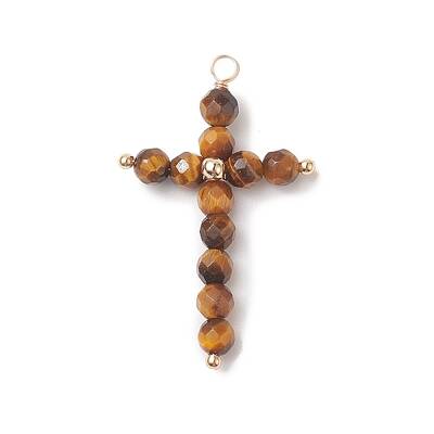 Natural Tiger Eye Faceted Round Copper Wire Wrapped Pendants