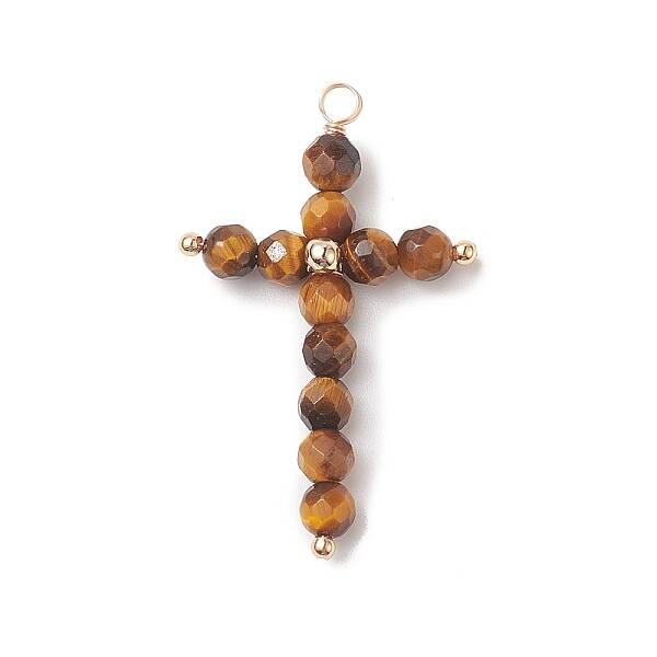 Natural Tiger Eye Faceted Round Copper Wire Wrapped Pendants