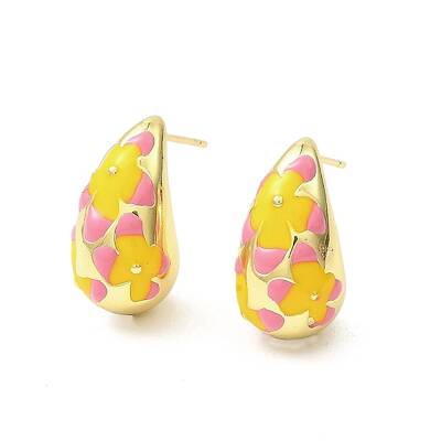 Teardrop with Flower Real 18K Gold Plated Brass Enamel Stud Earrings