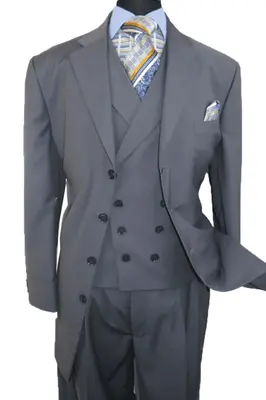Grey Men's 4-Button Suit with Double-Breasted Vest - Fashionable Attire