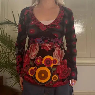 Desigual Floral Long Sleeve Top - Medium Multicoloured Cotton Blend
