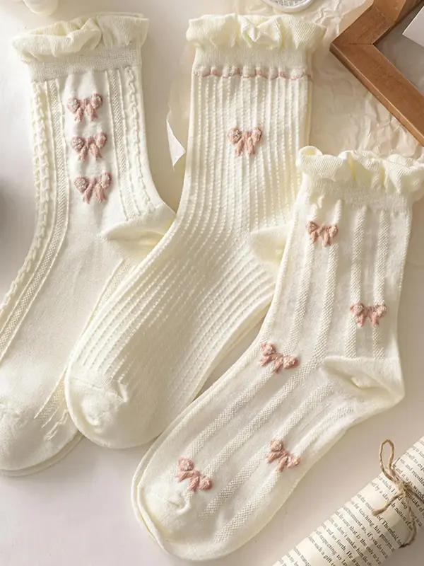 Women's 3 Pairs Bow Print Crew Socks, Multi-pack Cute Comfy Soft Comfortable Breathable Mid-calf Socks For Daily Wear, Women'...