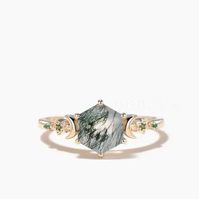 Hexagon Cut Natural Moss Agate Moon Engagement Ring Emerald Celestial Ring