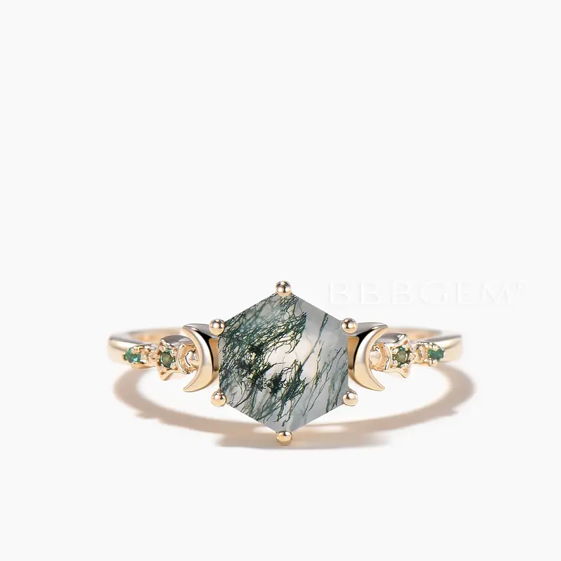 Hexagon Cut Natural Moss Agate Moon Engagement Ring Emerald Celestial Ring