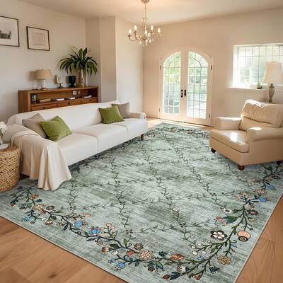 Garvee Floral Grey-Green 10x13 Washable Area Rugs for Living Room: Modern Floral Non Slip Large Area Rugs for Bedroom, Large ...