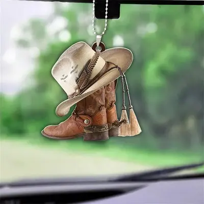 2D Acrylic Hat & Boots Design Car Decorative Pendant, Vintage Trendy Rearview Mirror Hanging Ornament, Fashionable Accessorie...