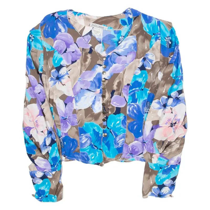 EXCLUSIVE Womens Blouse Shirt Blue V-Neck Long Sleeve Floral XS