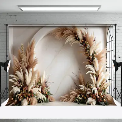 Aperturee Arch Boho Pampas Grass Floral Marbled Wall Backdrop