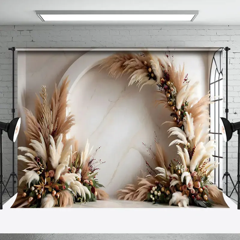 Aperturee Arch Boho Pampas Grass Floral Marbled Wall Backdrop
