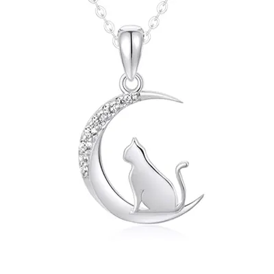 14K White Gold Cubic Zirconia Cat & Moon Necklace for Women