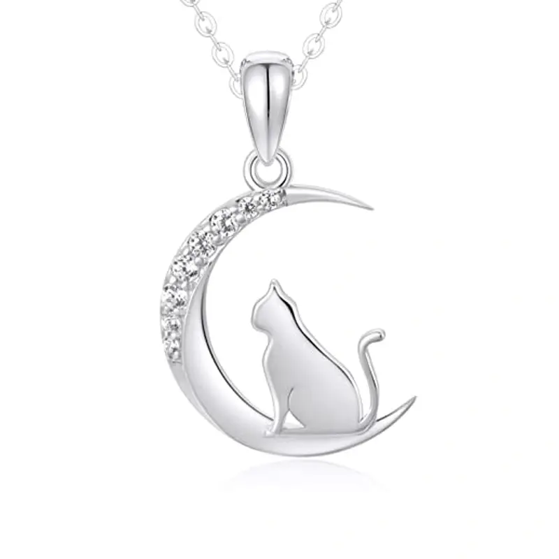 14K White Gold Cubic Zirconia Cat & Moon Necklace for Women