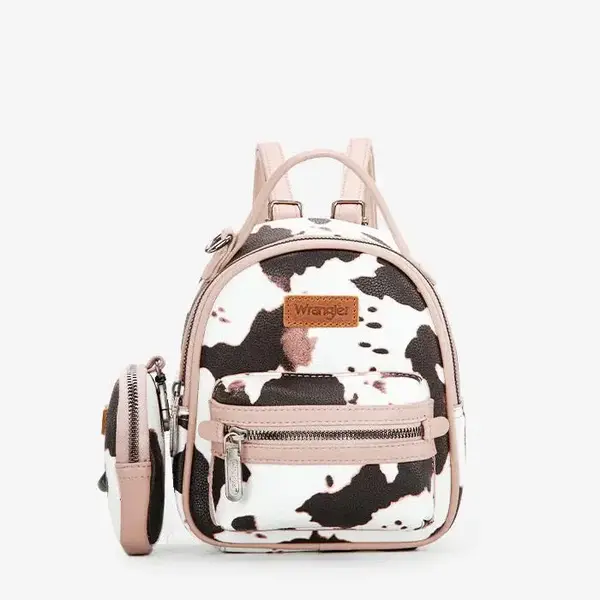 Wrangler Cow Print Mini Backpack – Faux Leather with Detachable Coin Purse, Small Fashion Daypack for Women, Adjustable Str...