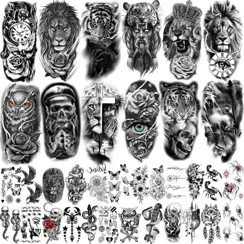 36 Sheets Temporary Tattoos Stickers, 12 Sheets Fake Body Arm Chest Shoulder Tattoos for Men or Women with 24 Sheets Tiny Bla...