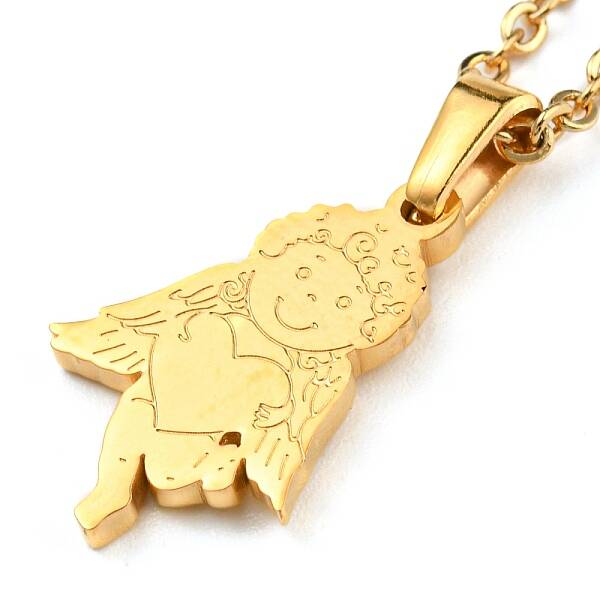 304 Stainless Steel Heart Cupid Pendant Necklaces for Women