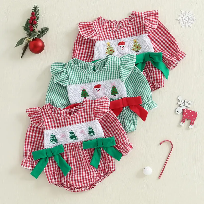 Infant Baby Girl Christmas Romper Plaid Santa Tree Ruffle Trim Long Sleeve Bodysuit with Bows Cute Clothes 0-18 Months