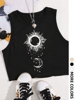 Women's Sun & Moon Print Round Neck Crop Tank Top, Street Style Fashion Casual Sleeveless Cropped Top for Daily Wear, Ladies ...
