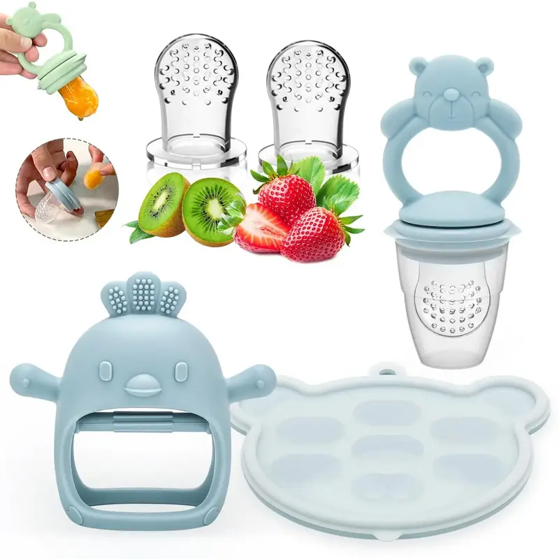 Baby Teether Set, 5 Counts/set Including Silicone Teether & Fruit Feeder & Food Feeding Storage Box, Newborn Baby Fruit Feede...