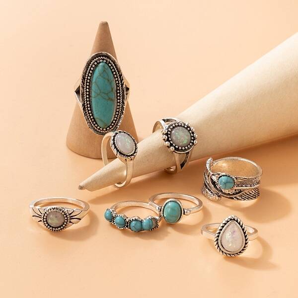8Pcs 8 Styles Retro Alloy Finger Rings