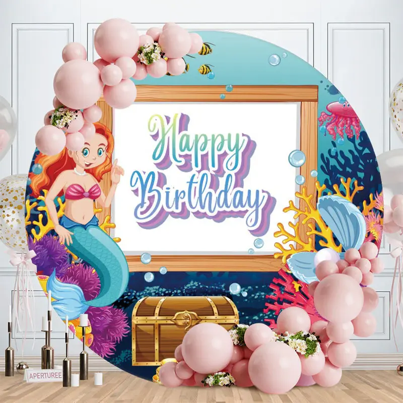 Aperturee Circle Mermaid Happy Birthday Backdrop For Girl