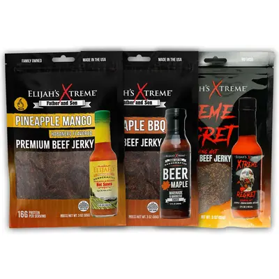 Elijah’s Xtreme Beef Jerky Trio Pack - 3 Pack, Maple BBQ, Carolina Reaper (Xtreme Regret) & Pineapple-Mango Habanero, High ...