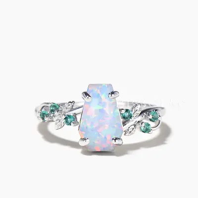 Nature Inspired Ring Coffin Cut White Opal Emerald Leaf Engagement Ring