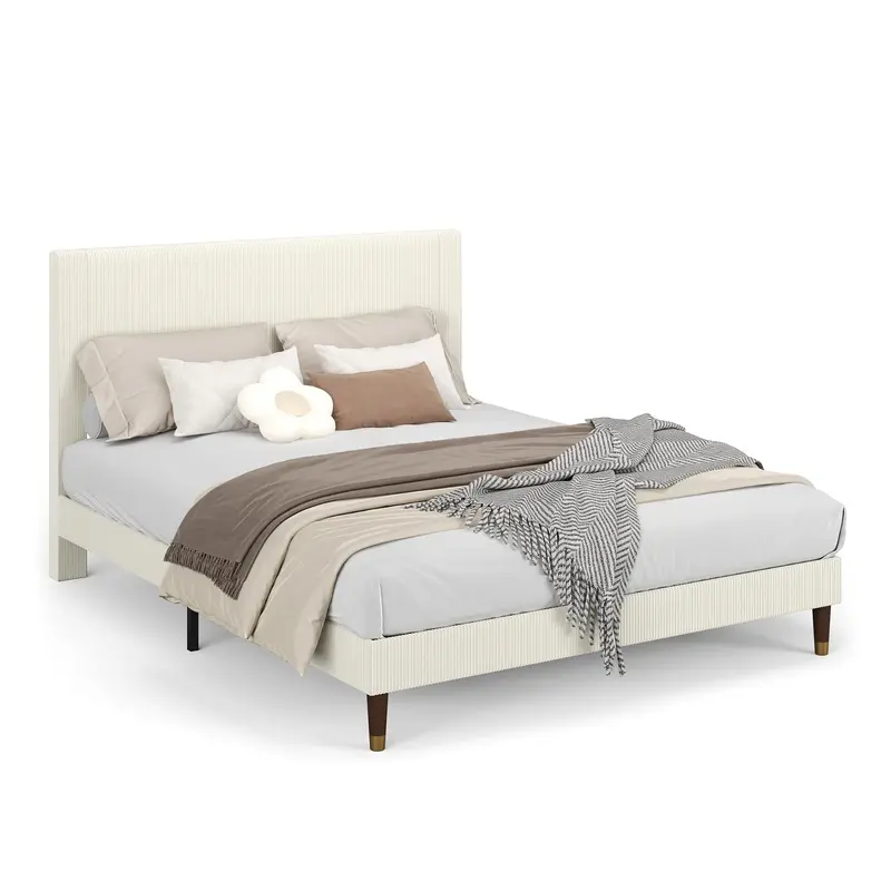 Garvee Queen Bed Frame with Headboard, Corduroy Upholstered Platform Bed with Wooden Slats Support - No Box Spring Needed & N...