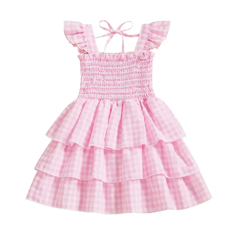 Toddler Kids Girl Summer Dress Plaid Print Flutted Sleeve Square Neck A-Line Tiered Ruffled Cake Dress
