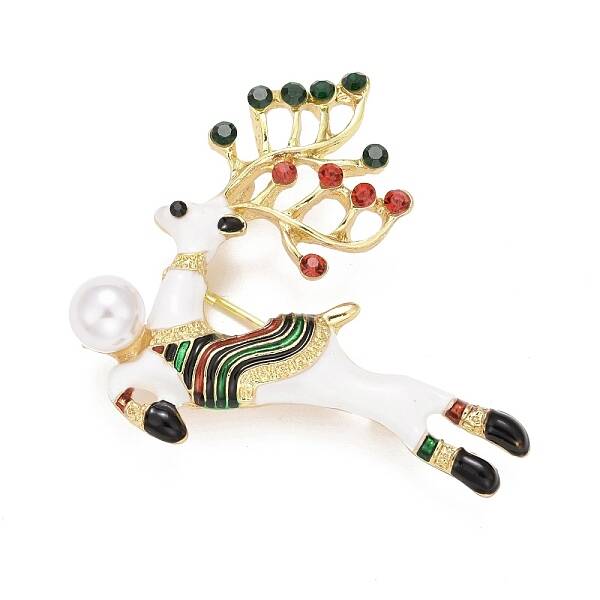 Alloy Reindeer Brooch with Plastic Pearl for Christmas