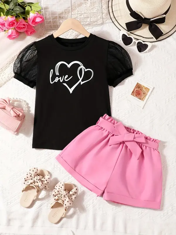 Girl's Heart Print Contrast Mesh Tee & Belted Shorts Set, Casual Puff Sleeve Round Neck Top & High Waist Paper Bag Waist Sh...