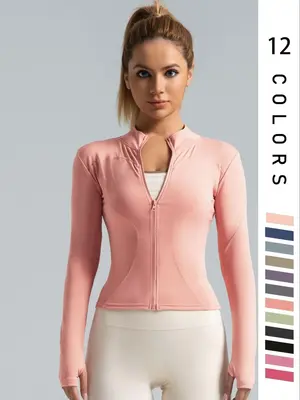 Women's Solid Zip Up Thumb Hole Sports Outwear, Quick Drying Breathable Long Sleeve Sports Top, Ladies Sportswear for Indoor ...