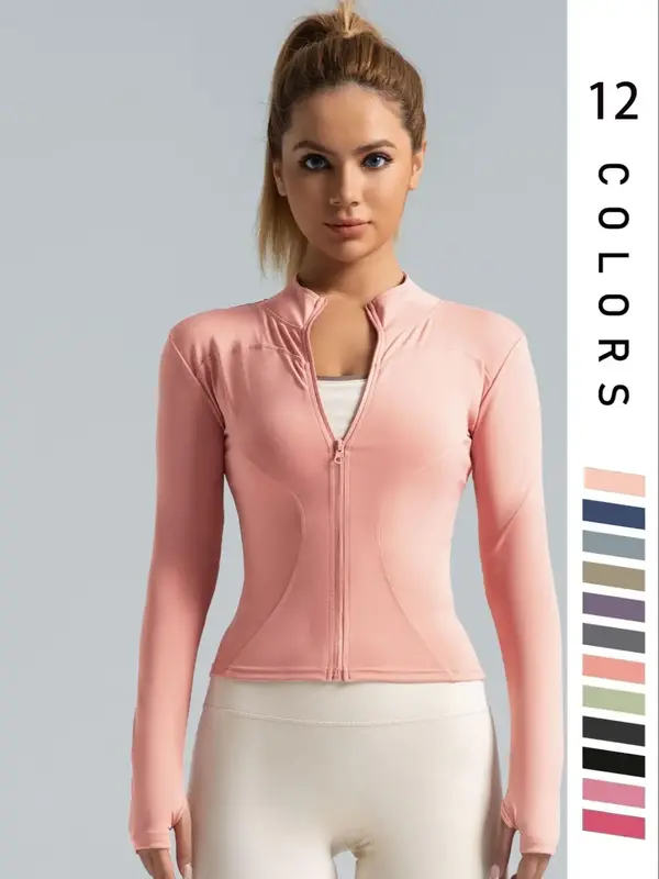 Women's Solid Zip Up Thumb Hole Sports Outwear, Quick Drying Breathable Long Sleeve Sports Top, Ladies Sportswear for Indoor ...