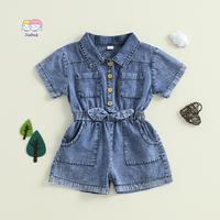 Toddler Girls Denim Overalls Shorts Short Sleeves Turn Down Collar Button Down Elastic Waist Jean Romper