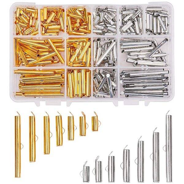 about 240pcs 7 Size Slide On End Clasp Platinum & Golden Tubes Slider End Caps Crimp End Tube for Multi-Strand Necklace Brace...