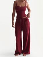 Two-piece Set Women's Solid Color Cami Top & Pants, Casual Sleeveless Top & Wide Leg Pants for Daily Wear, Ladies Summer Clot...