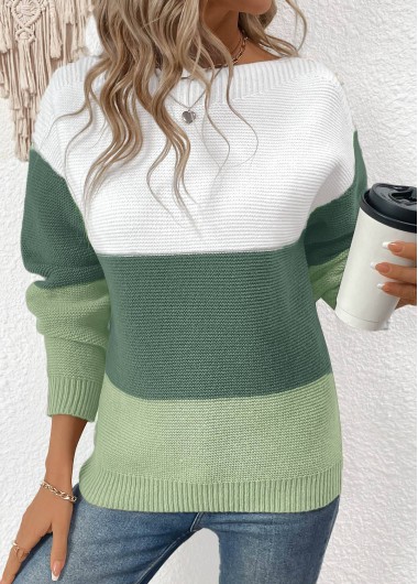 Modlily Green Patchwork Long Sleeve Round Neck Sweater - L