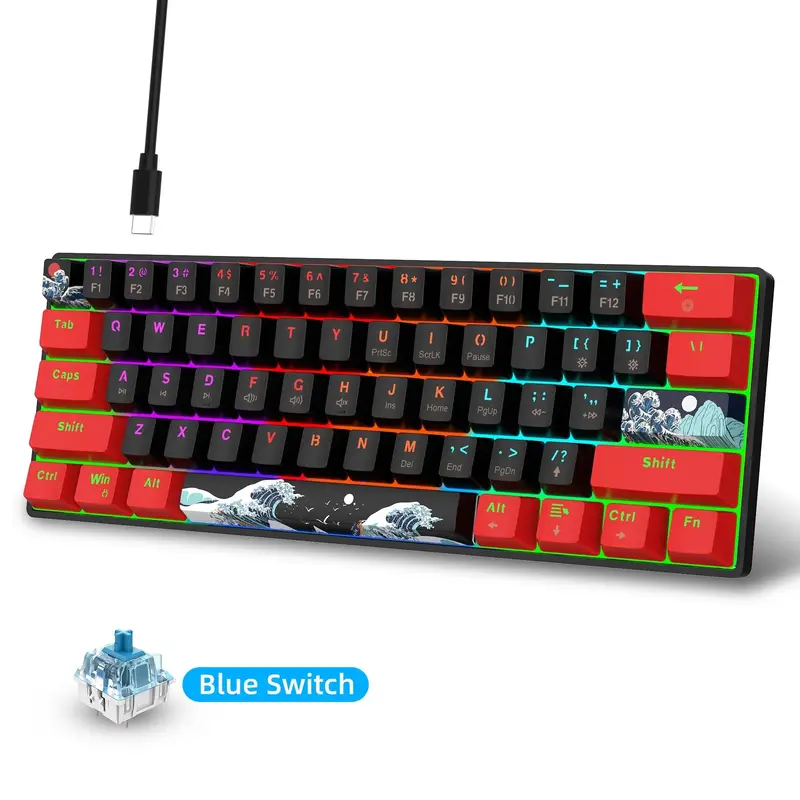 HXSJ 61-Keys Mechanical Gaming Keyboard, USB Powered Mini Keyboard, RGB Backlit Keyboard with Blue Switch, Computer Accessor...
