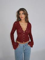 Women's Plain Scallop Trim Button Front Flounce Sleeve Lace Top, Casual V Neck Long Sleeve Top for Fall & Winter, Women's Clo...