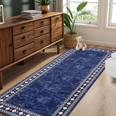 Garvee Bordered Dark Blue 2x6 Washable Runner Rug - Soft, Non-Slip, Stain Resistant Carpet for Hallways, Entryway, Bedroom