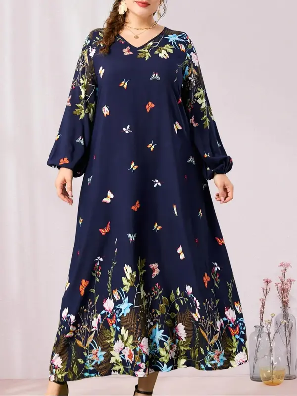 Plus Butterfly & Floral Print Bishop Sleeve V Neck A Line Dress, Elegant Long Sleeve Long Dress for Spring & Fall, Women's Cl...