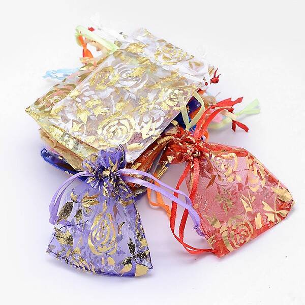 Gold Stamping Rose Flower Rectangle Organza Gift Bags