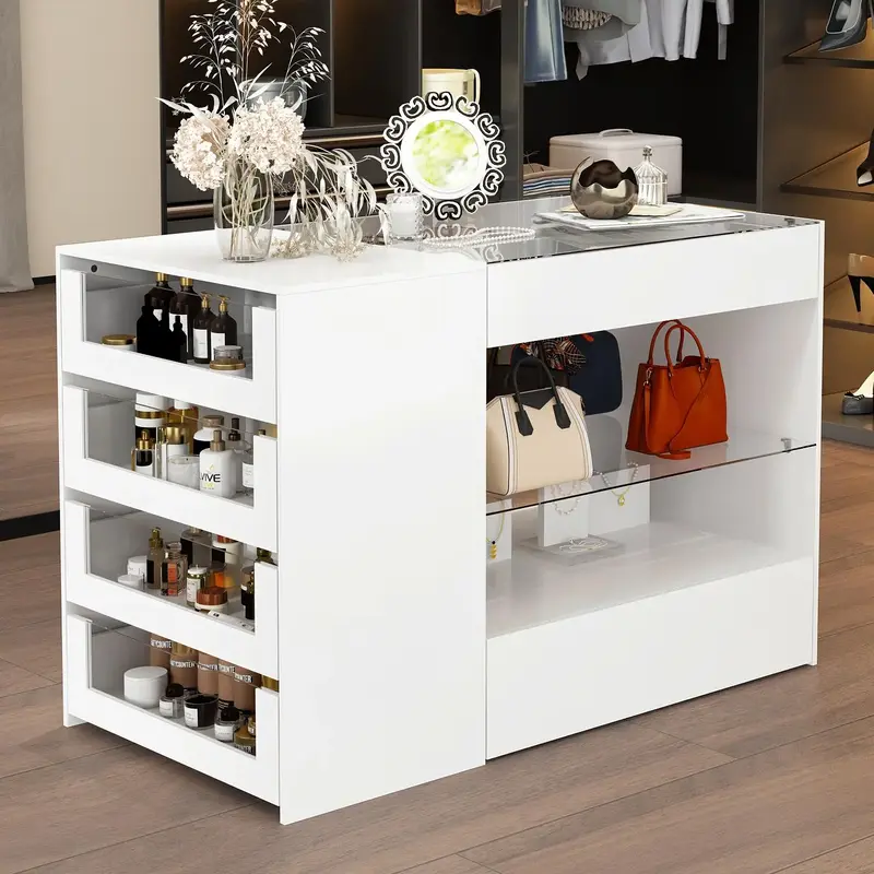 FUFU&GAGA Bedroom Island Wardrobe Closet Island with Glass Tabletop, 47.2”(W) x 23.6”(H) - Minimalist Design for Storage ...