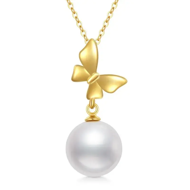 14K Gold Circular Shaped Pearl Bow Pendant Necklace