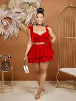 Two-piece Set Women's Solid Color Ruffle Trim Tie Back Crop Top & Tiered Layer Skirt, Fashion Casual Sweetheart Neck Top & Hi...