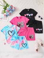 Girl's Heart Print Short Sleeve Tee & Elastic Waist Shorts Set, Casual Round Neck T-shirt & Shorts, Summer Clothes for Kids