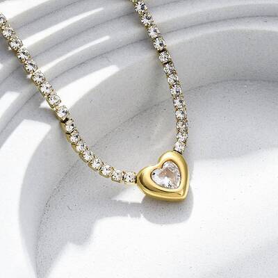 304 Stainless Steel Clear Cubic Zirconia Heart Pendant Necklaces for Women