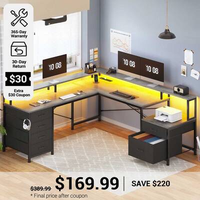 SEDETA | 108 Inch Gaming Desk Two Person L Shaped Desk with File Drawer for Home Office Grey Home Office Furniture
