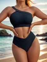 Two-Piece Set Women's Solid Color Ribbed Bikini Set for Beach Holiday Vacation, Ladies Swimwear for All Seasons
